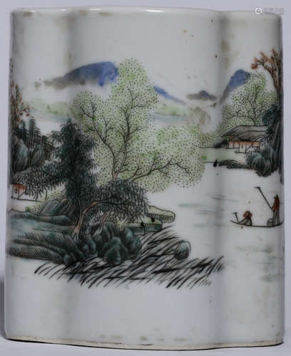 A SHALLOW GLAZE BRUSH POT WITH LANDSCAPE PATTERN