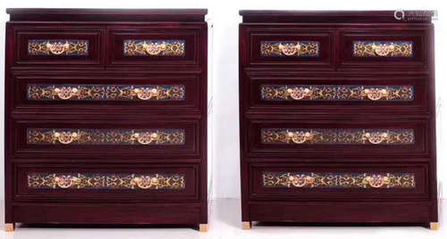 PAIR OF ZITAN WOOD CABINET EMBEDDED WITH CLOISONNE