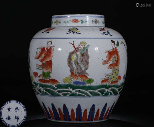 A FIVE COLOR GLAZE JAR WITH STORY PATTERN