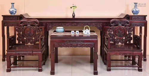 SET OF ZITAN WOOD TABLE&CHAIRS CARVED WITH FLOWER&BIRD PATTERN