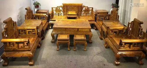 SET OF GOLD NAN WOOD TABLE&CHAIRS CARVED WITH LANDSCAPE PATTERN