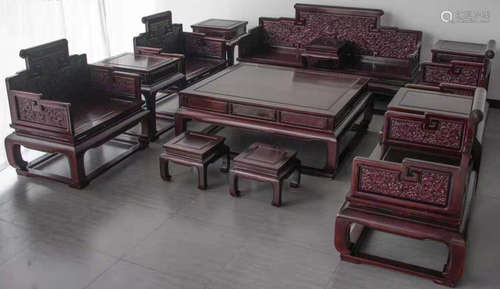 SET OF ZITAN WOOD TABLE&CHAIRS CARVED WITH DRAGON PATTERN