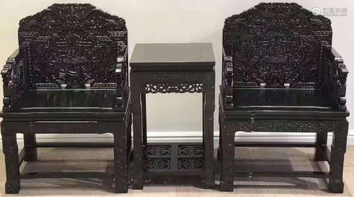 A ZITAN WOOD TABLE&CHAIRS CARVED WITH AUSPICIOUS PATTERN