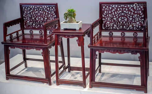 SET OF ZITAN WOOD TABLE&CHAIRS HOLLOW CARVED