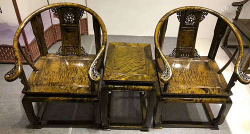 SET OF GOLD NAN WOOD TABLE&CHAIRS HOLLOW CARVED