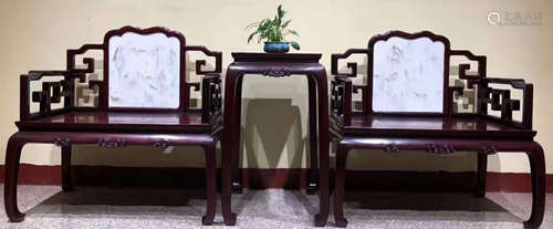 SET OF ZITAN WOOD TABLE&CHAIRS EMBEDDED WITH STONE