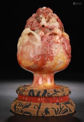 A SHOUSHAN STONE CENSER CARVED WITH DRAGON