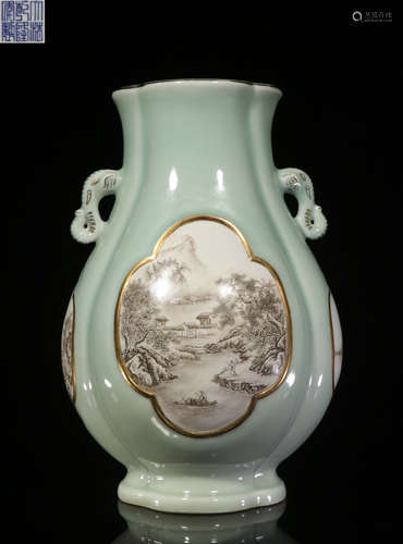 A BLUE GLAZE VASE PAINTED WITH LANDSCAPE PATTERN