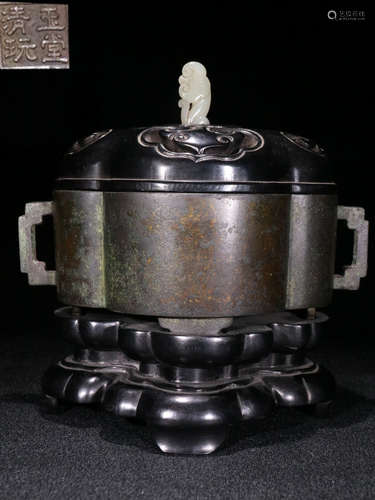 A COPPER CENSER EMBEDDED WITH HETIAN JADE