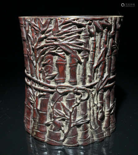 A BAMBOO BRUSH POT CARVED WITH BAMBOO PATTERN