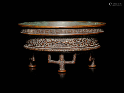 A Patinated Bronze Flower Arranging Vessel, Suiban