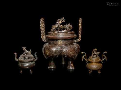 Three Bronze Tripod Incense Burners and Covers