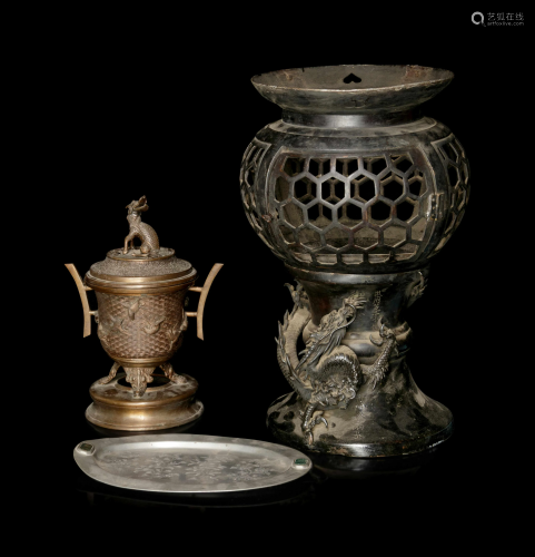 Two Bronze Incense Burners and a Chinese Pewter…