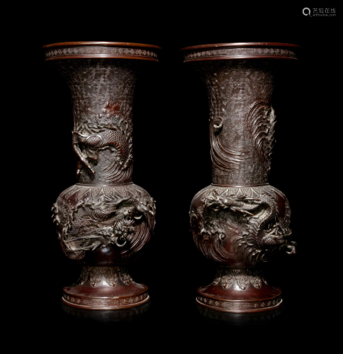 A Pair of Bronze Dragon Vases