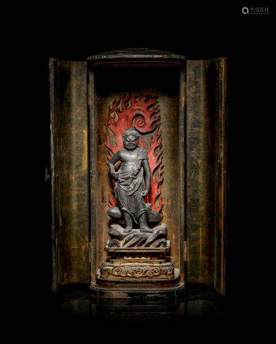 A Black Lacquered Shrine with a Polychrome and…