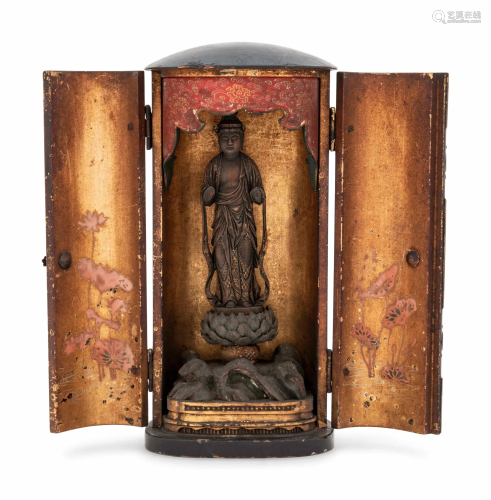 A Small Black Lacquered Shrine with a Carved Wood