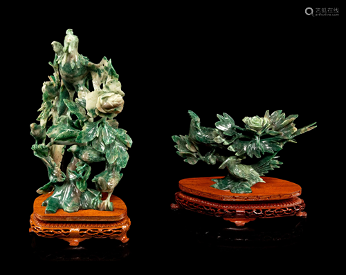 Two Chinese Spinach Jade Figural Groups of Birds