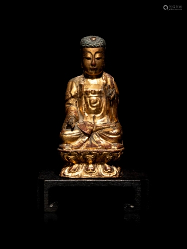A Small Chinese Gilt Lacquered Wood Figure of Bu…