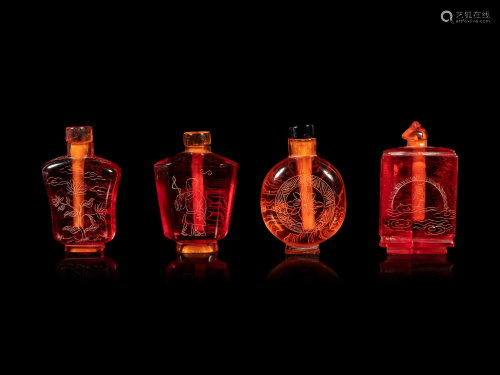 Four Chinese Amber Tone Glass Snuff Bottles