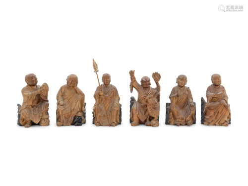 Eighteen Carved Wood and Gilts Figures of Luohans