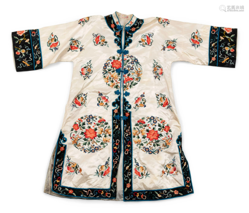 A Chinese White Ground Embroidered Silk Lady's Robe