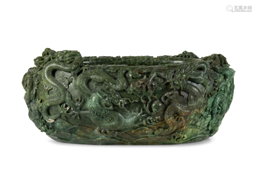A Large Chinese Green Hardstone Fish Pot