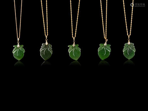 Ten Chinese Gilt Metal and Spinach Jade Necklaces