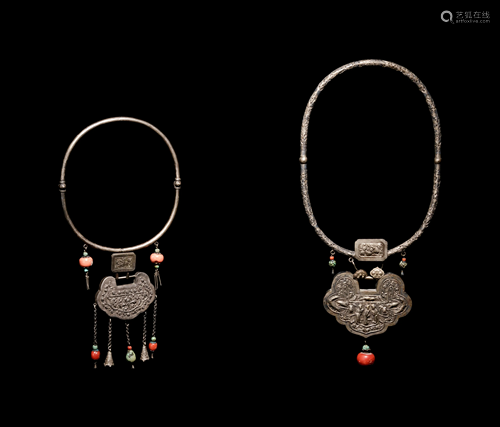 Two Chinese Silver and Coral Necklaces with Ruyi-Lock