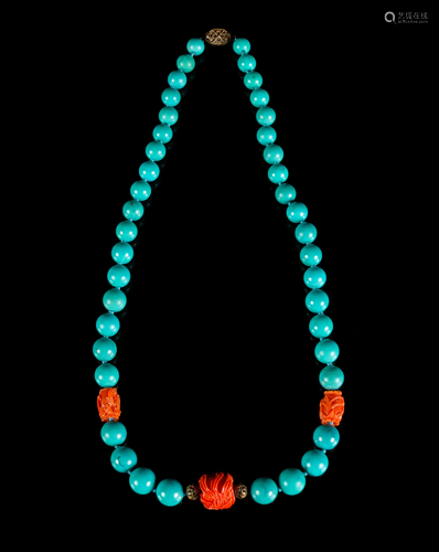 A Chinese Turquoise and Coral Beaded Necklace