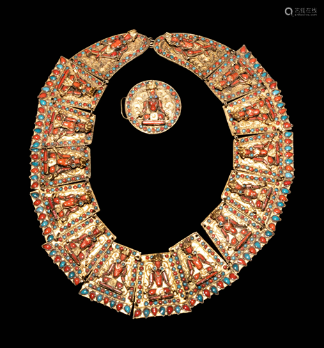 A Tibetan Glass Inset Gilt Metal Necklace