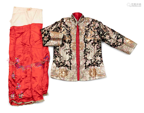 Two Sets of Chinese Silk Embroidered Wedding Gowns