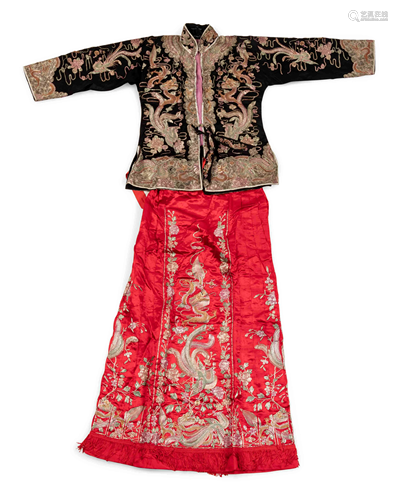 Two Sets of Chinese Silk Embroidered Wedding Gowns