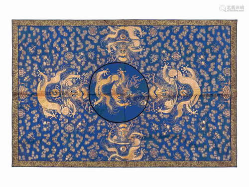 A Chinese Blue Ground Embroidered Silk 'Dragon' Panel