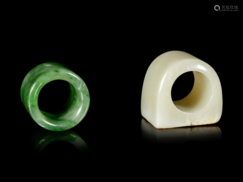 Two Chinese Jade and Hardstone Archer's Rings