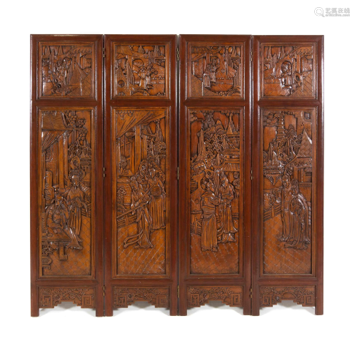 A Chinese Carved Hardwood Four-Panel Screen