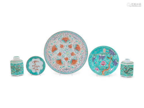 Five Chinese Famille Rose Turquoise Ground Porcelain