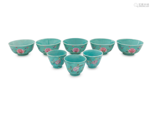 Ten Chinese Turquoise Ground Famille Rose Porcelain