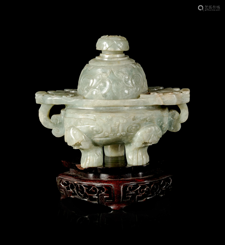 A Chinese Hardstone Tripod Censer and Cover