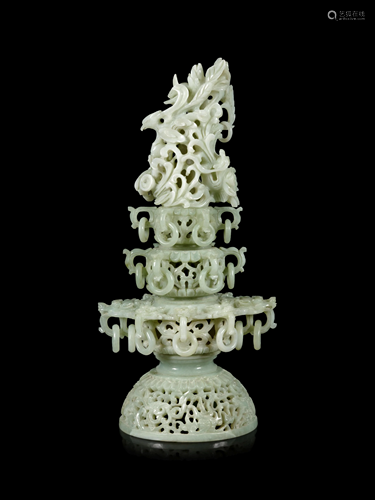 A Chinese Celadon Jade Model of a Pagoda