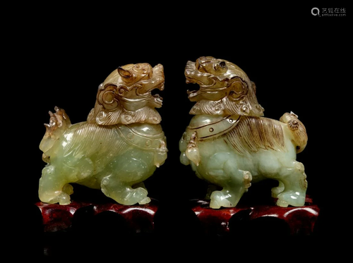 A Pair of Chinese Jade and Serpentine Fu Lion Censers