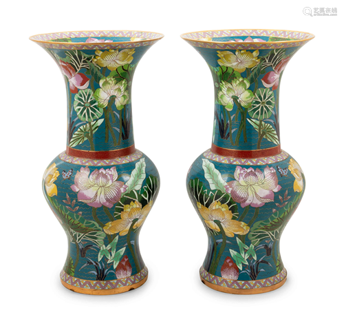 A Pair of Large Chinese Cloisonne Enamel 'Lotus' Yenyen