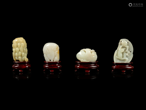 Four Chinese Jade Carvings of Fruits and Animals