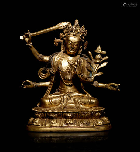 A Sino-Tibetan Gilt Bronze Figure of Manjushri