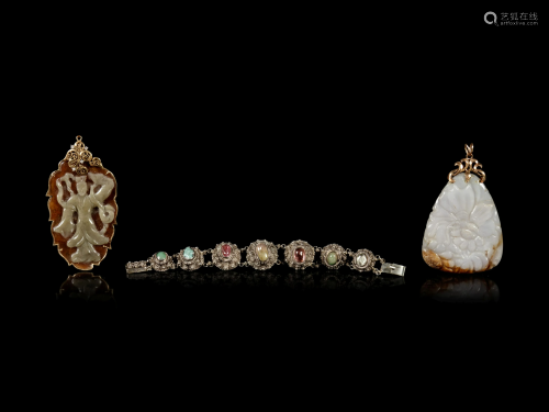 Three Chinese Jadeite and Hardstone Inset Jewelry