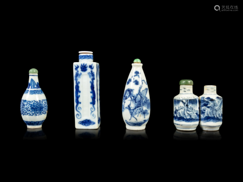 Four Chinese Blue and White Porcelain Snuff Bottles
