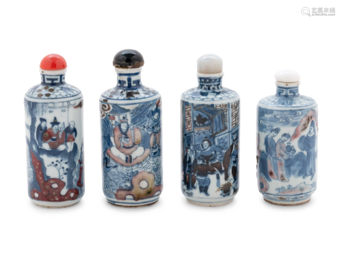 Four Chinese Red and Underglaze Blue Porcelain Snuff