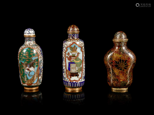 Three Chinese Cloisonné Enameled Snuff Bottles