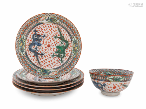 Six Chinese Wucai Enameled Porcelain Articles