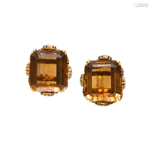 CITRINE AND COLORED DIAMOND EARCLIPS