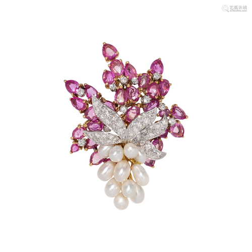 PINK SAPPHIRE, DIAMOND AND CULTURED PE…